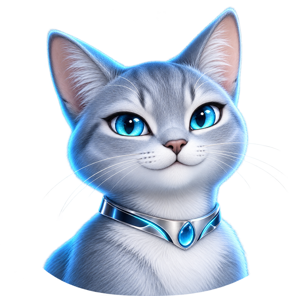 Suimui, a silver-blue cat mascot with aqua eyes